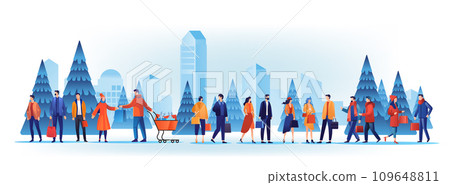 people in winter clothes walking outdoor with shopping bags new year season big sale special offer promotion discount cityscape background 109648811