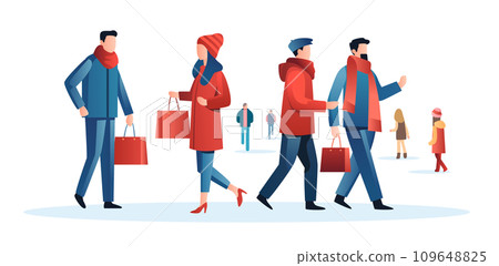people in winter clothes holding shopping bags season big sale special offer promotion discount horizontal full length people in winter clothes holding shopping bags season big sale special offer promotion discount horizontal full length 109648825