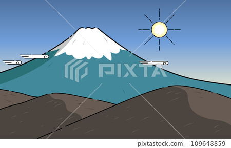 富士山和早晨的太陽的插圖。冬季山景 109648859