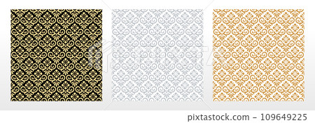 Wallpapers in the style of Baroque. Seamless vector backgrounds. Set of colored floral ornaments. Graphic patterns for fabric, wallpaper, packaging. Ornate Damask flower ornaments 109649225