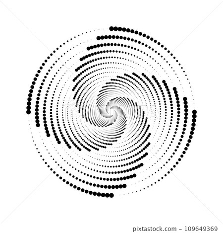 Dotted spiral lines element. Radial spinning halftone texture. Circle swirl dots shape. Abstract geometric background for poster, banner, logo, icon, collage, tattoo, tag. Vector whirlpool sign 109649369