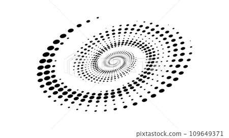 Spiral dotted line element. Radial spinning halftone texture. Circle swirl dots shape in perspective. Black abstract background for poster, banner, logo, icon, collage, presentation, emblem. Vector 109649371