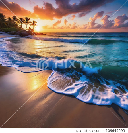 Tropical beach with beautiful sea and beautiful sunset AI generated 109649693