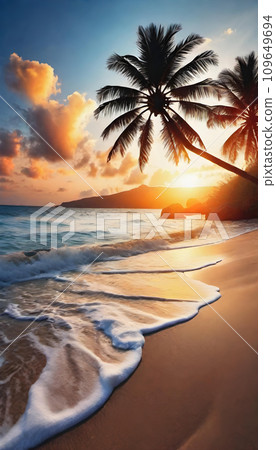 熱帶海灘，美麗的大海和美麗的日落 AI 生成 109649694