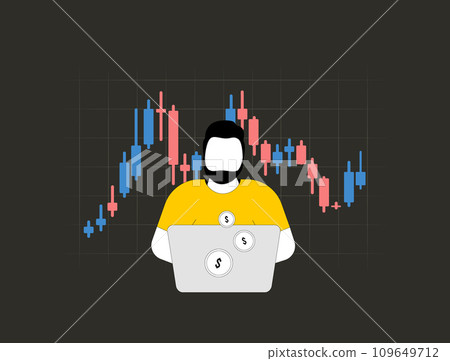 Financial market concept. Trader strategizing on volatility. Analyst at workstation with real-time data in bank office. Financial stock or crypto market vector illustration isolated on dark background 109649712