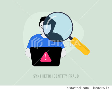 Synthetic Identity Fraud Detection. Creating fictional identities to exploit financial systems using advanced AI technology for convincing scams. Synthetic identity theft isolated vector illustration Synthetic Identity Fraud Detection. Creating fictional identities to exploit financial systems using advanced AI technology for convincing scams. Synthetic identity theft isolated vector illustration 109649713