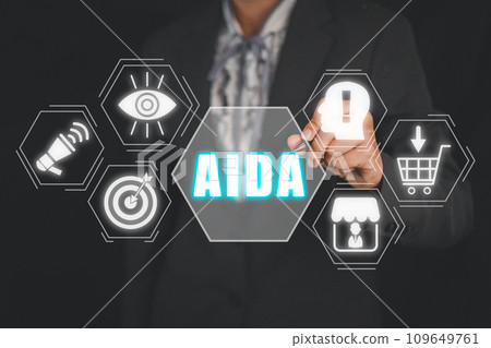 AIDA, Attention Interest Desire and Action concept, Business woman hand touching AIDA icon on virtual screen. AIDA, Attention Interest Desire and Action concept, Business woman hand touching AIDA icon on virtual screen. 109649761