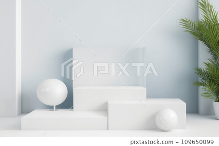 Abstract 3D room with set of realistic white pedestal podium. Minimal scene for product display presentation. 3d geometric platform design. Stage for show product, cosmetic. Abstract 3D room with set of realistic white pedestal podium. Minimal scene for product display presentation. 3d geometric platform design. Stage for show product, cosmetic. 109650099