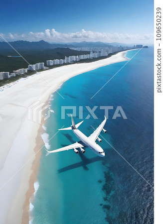 人工智慧生成的飛機飛越晴朗的天空和美麗的海洋的熱帶海洋 109650239