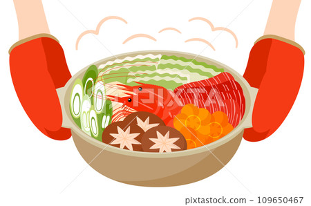 A hand holding a clay pot with lots of shrimp, vegetables, meat, and other dishes, and a seafood hot pot dish vector illustration material 109650467