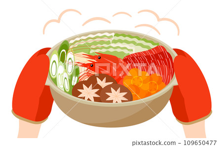 A hand holding a clay pot with lots of shrimp, vegetables, meat, and other dishes, and a seafood hot pot dish vector illustration material A hand holding a clay pot with lots of shrimp, vegetables, meat, and other dishes, and a seafood hot pot dish vector illustration material 109650477