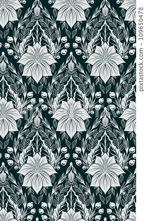 Vector white decorative pattern with poinsettia flowers on green background. Seamless tracery lace texture with Christmas flowers Vector white decorative pattern with poinsettia flowers on green background. Seamless tracery lace texture with Christmas flowers 109650478