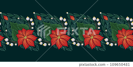 Decorative holiday border with poinsettia flowers on dark green background. Vector xmas seamless tracery frieze with floral ornament 109650481