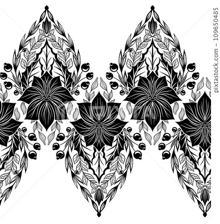 Vector decorative holiday border with poinsettia flowers. Seamless monochrome lace frieze with Christmas flowers Vector decorative holiday border with poinsettia flowers. Seamless monochrome lace frieze with Christmas flowers 109650485
