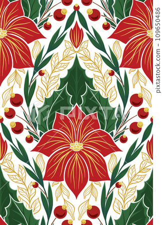 Vector decorative xmas pattern with poinsettia flowers in tile. Holiday textile. Seamless tracery texture with Christmas flowers Vector decorative xmas pattern with poinsettia flowers in tile. Holiday textile. Seamless tracery texture with Christmas flowers 109650486