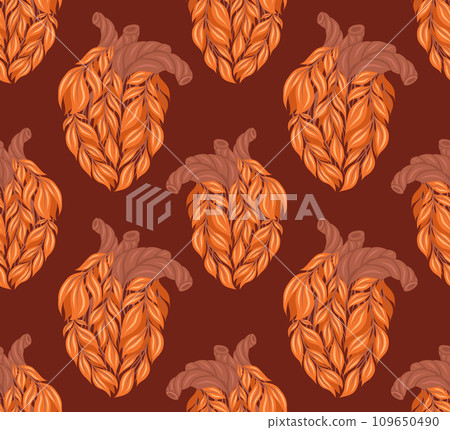 Vector seamless pattern with unhealthy human hearts made of leaves in row on dark background. Internal old organ transplantation Vector seamless pattern with unhealthy human hearts made of leaves in row on dark background. Internal old organ transplantation 109650490