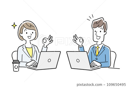 Vector illustration material: A man and a woman give the OK sign while working on a computer 109650495
