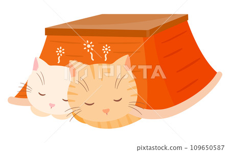 Cute animal vector illustration of two cats (cats) curled up under a kotatsu in winter Cute animal vector illustration of two cats (cats) curled up under a kotatsu in winter 109650587