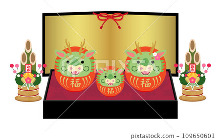 2024, Year of the Dragon, a family of red dragon daruma on a pedestal and a gold folding screen 2024, Year of the Dragon, a family of red dragon daruma on a pedestal and a gold folding screen 109650601