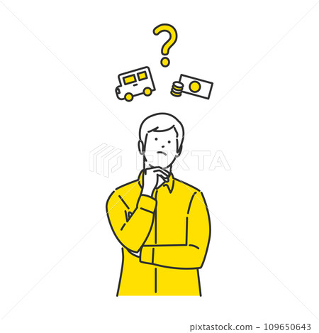 Illustration of a man considering buying a car 109650643