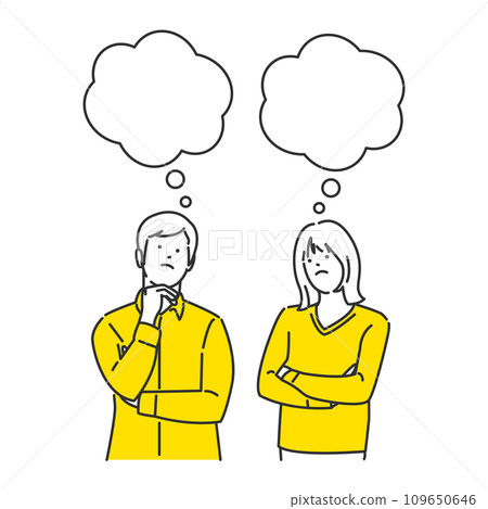 Speech bubble illustration of a man and a woman imagining their own troubles Speech bubble illustration of a man and a woman imagining their own troubles 109650646