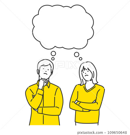 Illustration of a man and woman thinking and considering together, with speech bubble 109650648