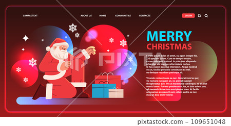 santa claus in red costume sitting on floor near gift boxes happy new year merry christmas holidays celebration concept 109651048