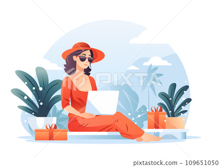 woman in fashion clothes using laptop holiday season big sale special offer promotion discount social media communication woman in fashion clothes using laptop holiday season big sale special offer promotion discount social media communication 109651050