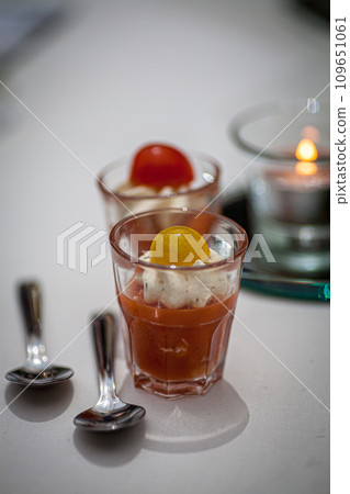 Elegant Culinary Trio: Verrine Appetizers and Candle Ambiance 109651061