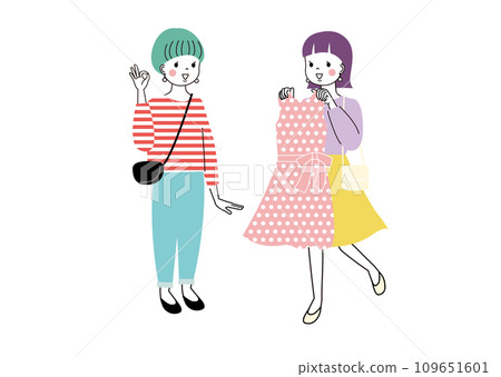 A woman asking her friend if the clothes look good on her and giving her OK. A woman asking her friend if the clothes look good on her and giving her OK. 109651601