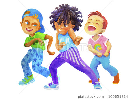 Multicultural school age friends boys dancing, having fun together. Children dancing party concept. Isolated watercolor illustration for children dancing party design, cards, invitations, posters Multicultural school age friends boys dancing, having fun together. Children dancing party concept. Isolated watercolor illustration for children dancing party design, cards, invitations, posters 109651814