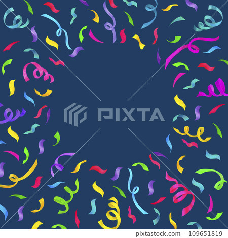 Holiday background. Border or frame with empty space for text framed by confetti and serpentine on blue background. Birthday decorations. Celebrating concept. Template for cover, home decor, backgroun Holiday background. Border or frame with empty space for text framed by confetti and serpentine on blue background. Birthday decorations. Celebrating concept. Template for cover, home decor, backgroun 109651819