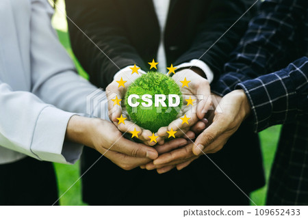 Corporate Sustainability Reporting Directive (CSRD) Concept. The European Union and financial reporting standards regarding sustainability disclosures. 109652433