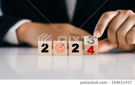 2024 goals of business or life. Wooden cubes with 2024 and goal. Starting to new year. Business common goals for planning new project, annual plan, business target achievement. 109652457