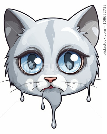 AI-generated content. Cartoon sticker grey and white sad kitten on white background isolated, AI 109652732