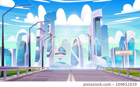 Road leads to futuristic city. Road leads to futuristic city. 109652839