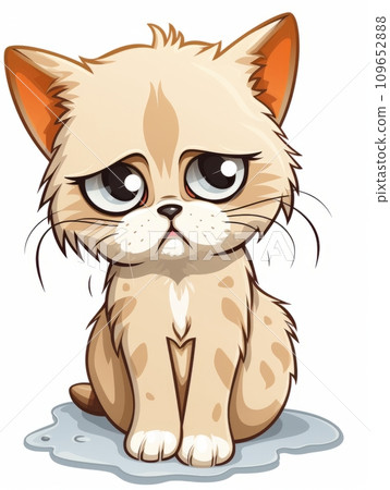 AI-generated content. Sad Kitten sticker in cartoon style on white background isolated, AI 109652888