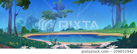 Lake in rainy summer forest 109652942