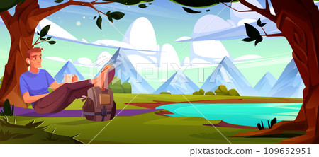 Male tourist sitting under tree near mountain lake Male tourist sitting under tree near mountain lake 109652951