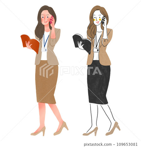 一位在辦公室打電話的女性的全身手繪插圖 109653081