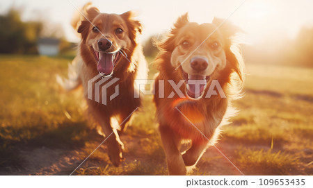AI-generated content. Dogs Joyfully Running Across a Lush Green Field 109653435