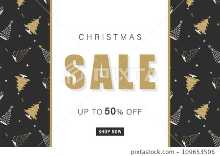 Christmas sale banner template. Advertising background with christmas trees. Promotion poster with button Shop Now. Discount 50. Vector illustration in flat cartoon style 109653508