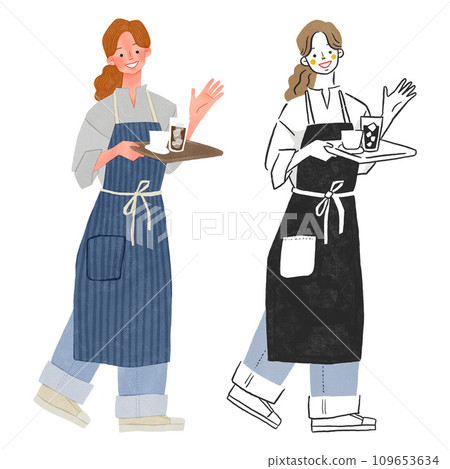 Full body hand-drawn illustration of a woman wearing an apron working at a cafe 109653634