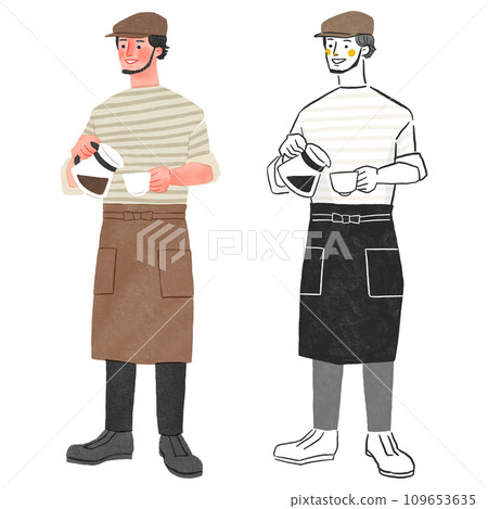 Full body hand-drawn illustration of a man wearing an apron working at a cafe 109653635