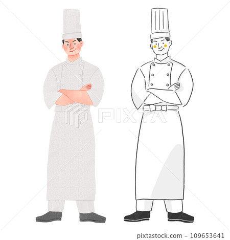 身穿圍裙在餐廳工作的男廚師的全身手繪插圖 身穿圍裙在餐廳工作的男廚師的全身手繪插圖 109653641