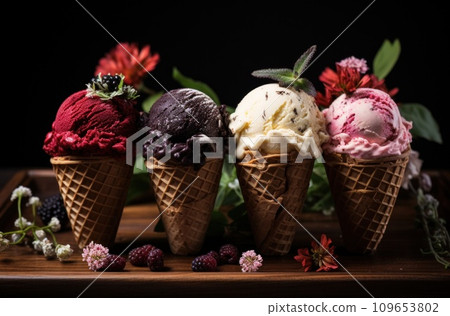 three ice cream cones in four cups 109653802