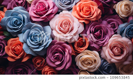 Closeup a bouquet of colorful roses flower texture background for a Valentine's Day celebration or a summer wedding. Pattern of rose petals. Roses background for love and romance. Generative AI. 109653845