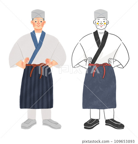 一名穿著圍裙在餐廳工作的男子的全身手繪插圖 109653893