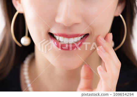 Parts cut: mouth of a dressed up woman Parts cut: mouth of a dressed up woman 109654294