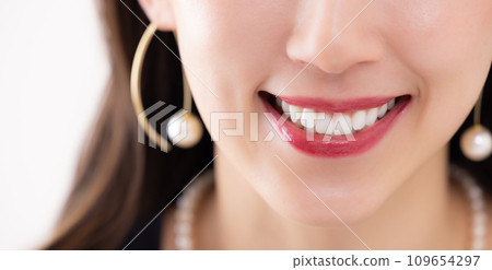 Parts cut: mouth of a dressed up woman Parts cut: mouth of a dressed up woman 109654297